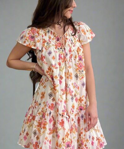 Apricot Floral Geometric Print Ruffled Trim Flutter Sleeve Mini Dress