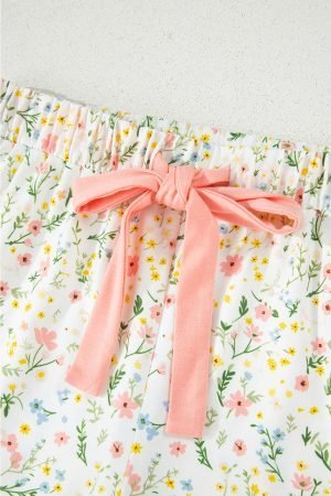 White Floral Print Contrast Pipping Short Pajamas Set - Image 6
