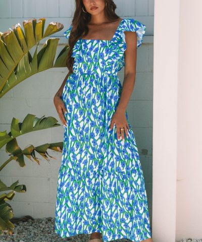 Blue Floral Print Square Neck Ruffled Strap Maxi Dress