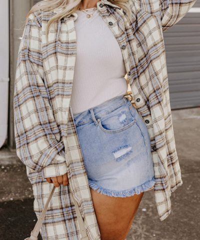 White Plaid Print Tunic Plus Size Shacket with Slits