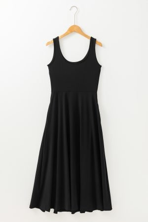 Black Sleeveless Scoop Neck Flared Split Midi Dress - Image 6