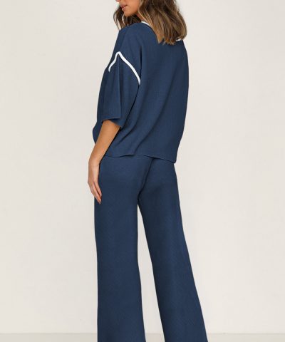 Navy Blue Contrast Trim Half Sleeve Top Drawstring Pants Loose 2pcs Sweater Suit