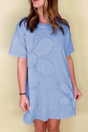 Sky Blue Mineral Wash Flower Patchwork Mini T Shirt Dress