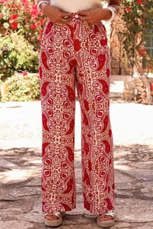 Red Paisley Printed Buttoned High Waist Straight Leg Pants - Image 4