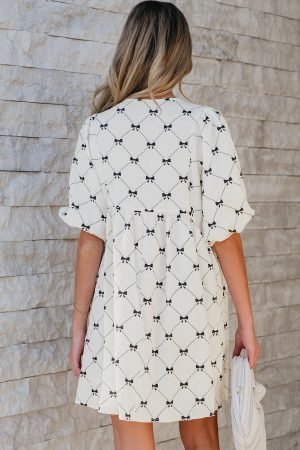 Alternative view of White Bowtie Pattern Textured Puff Half Sleeve Loose Mini Dress