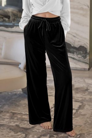 Black Solid Drawstring Waist Wide Leg Pants - Image 2