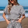 Black Stripe Knitted Short Sleeve Top and Drawstring Shorts Set
