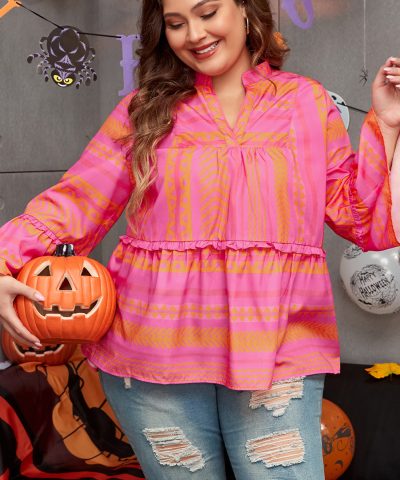Vitality Orange Plus Size Geometric Printed Bell Sleeve Babydoll Blouse
