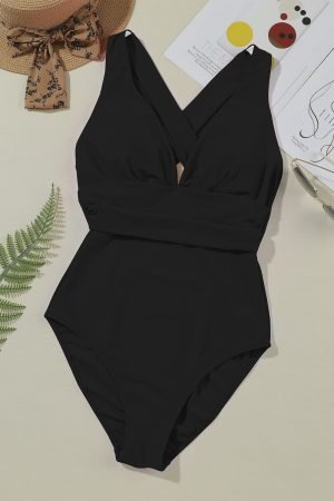 Black Deep V Neck Crossover Backless Ruched High Cut Monokini - Image 6