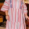 White Stripe Plus Size Embroidered Detail Flared 3/4 Sleeve V Neck Dress