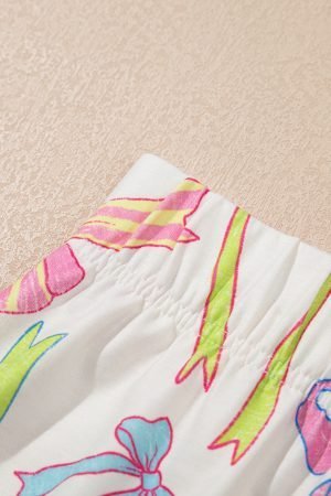 White Cheerful Bow Print Elastic Pull On Casual Shorts - Image 6