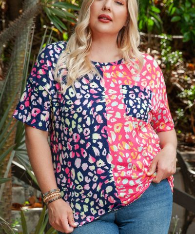 Plus Size Leopard Colorblock Short Sleeve Top