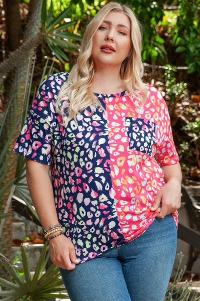 Plus Size Leopard Colorblock Short Sleeve Top