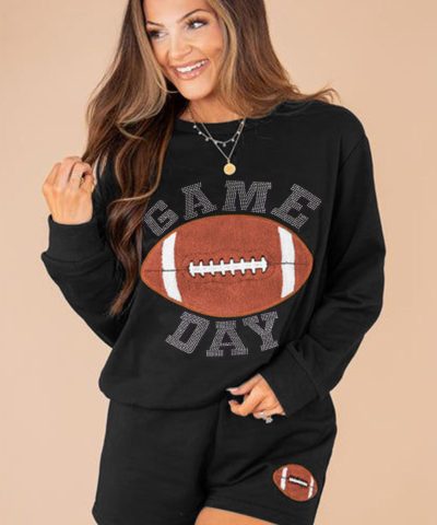 Black GAME DAY Rugby Football Graphic Pullover and Shorts Casual Outfit