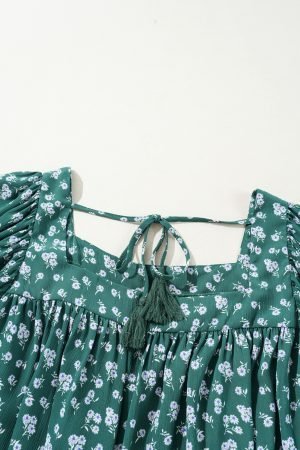 Green Floral Print Square Neck Ruffled Trim Plus Size Blouse - Image 7
