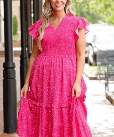 Rose Polka Dot Print Ruffled Smocked High Waist Plus Midi Dress