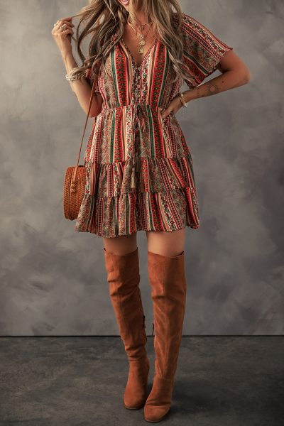 Red Bohemian Floral Print Buttoned V Neck Ruffle Tiered Dress