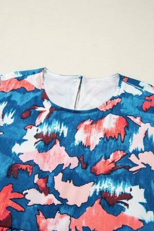 Blue Abstract Print Shirred Ruffled Short Sleeve Tiered Plus Size Mini Dress - Image 7