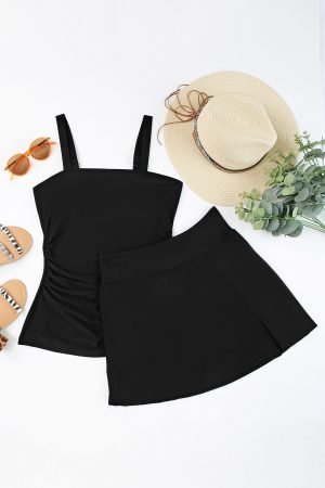 Black Solid Square Neck Sleeveless Tankini Swimsuit - Image 8