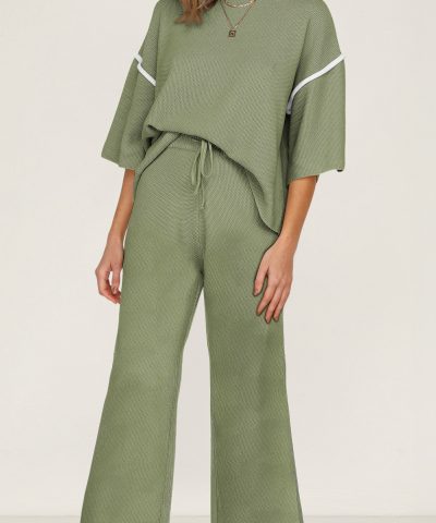 Guacamole Green Contrast Trim Half Sleeve Top Drawstring Pants Loose 2pcs Sweater Suit