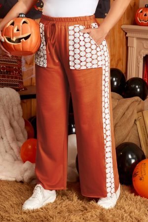 Gold Flame Plus Size Floral Crochet Patch Drawstring Wide Leg Pants - Image 5