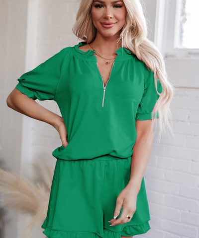Sea Green Half Zip Puff Sleeve Top and Ruffled Shorts Set