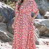 Red Floral Half Sleeve Deep V Neck Cutout Back Split Maxi Dress