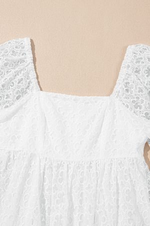 White Floral Lace Puff Sleeve Empire Waist Mini Dress - Image 7