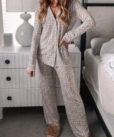 White Leopard Print Long Sleeve and Pants Pajamas Set