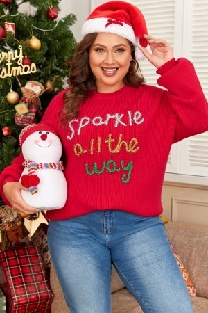 Racing Red Sparkle All The Way Tinsel Crew Neck Plus Size Sweater - Image 2
