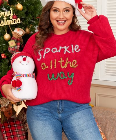 Racing Red Sparkle All The Way Tinsel Crew Neck Plus Size Sweater