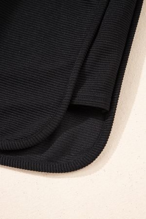 Black Textured Half Zip Kangaroo Pocket Top Drawstring Shorts Set - Image 8