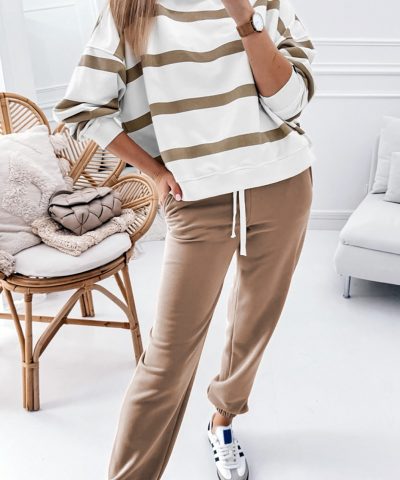 Light French Beige Drop Shoulder Pullover and Jogger Pants Set