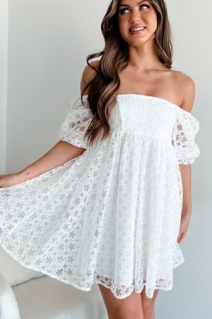 White Floral Lace Puff Sleeve Empire Waist Mini Dress - Image 4