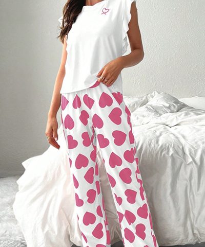 Pink Ruffled Tank Top And Heart Print Pants Lounge Set