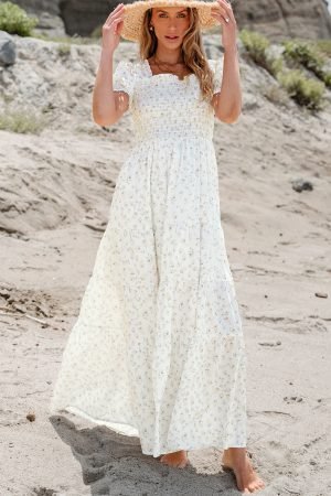 White Frilly Shirred Bodice Tiered Floral Maxi Dress - Image 5