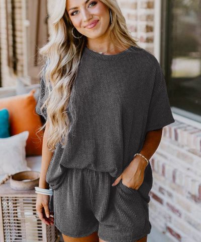 Carbon Grey Ribbed Textured Knit Loose Fit Tee and Shorts Set