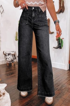 Black Wide Leg Pocketed High Waist Jeans - Image 2