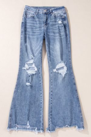 Dusk Blue High Rise Ripped Distressed Hem Flared Jeans - Image 3