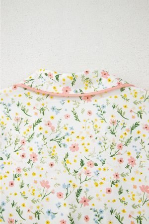 White Floral Print Contrast Pipping Short Pajamas Set - Image 5
