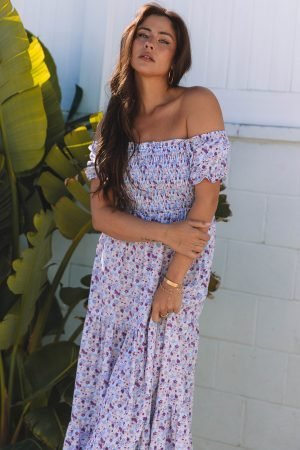 Alternative view of Purple Floral Short Bubble Sleeve Shirred High Waist Maxi Dress