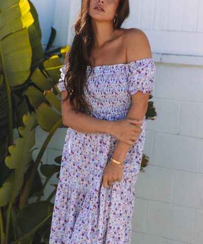 Purple Floral Short Bubble Sleeve Shirred High Waist Maxi Dress