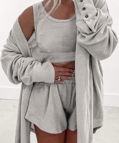Gray 3 Pcs Crop Tank Top Shorts with Cardigan Lounge Set