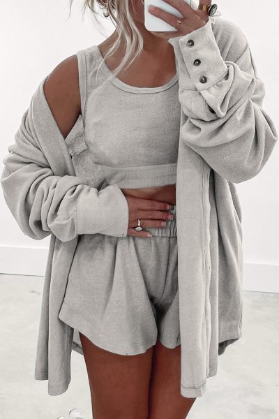 Gray 3 Pcs Crop Tank Top Shorts with Cardigan Lounge Set