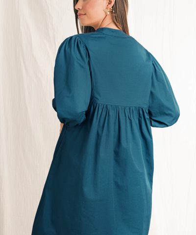Blue Sapphire Colorblock Split V Neck Puff Sleeve Mini Dress