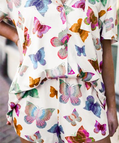 Multicolour Butterfly Pattern Short Sleeve Shirt Pajamas Set