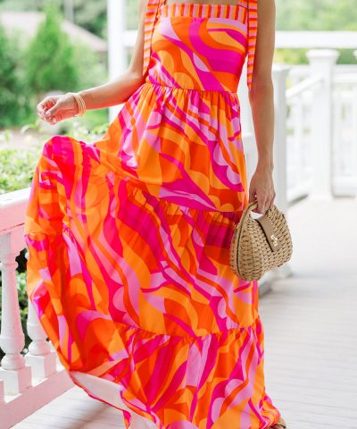 Red Abstract Print Knotted Shoulder High Waist Maxi Dress