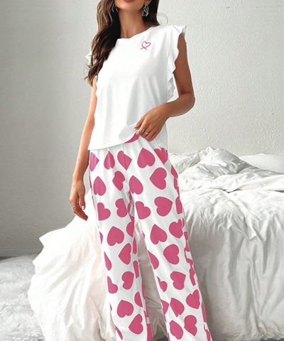 Pink Ruffled Tank Top And Heart Print Pants Lounge Set