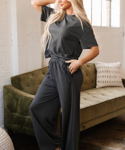 Dark Grey Drawstring Side Crewneck Tee and Loose Pants Set
