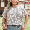 Khaki Plus Size Geometric Print Ruffled Sleeve Blouse